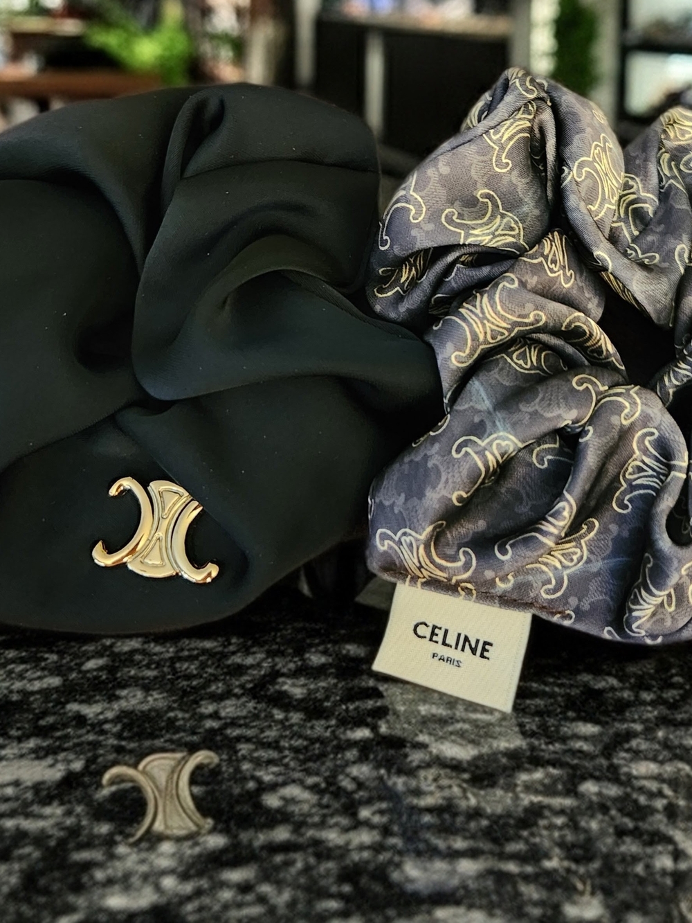 Celine Signature Scrunchie & Black Silk Scrunchie with Gold Triomphe Emblem